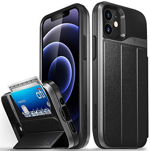 Vena vCommute Etui Coque pour Apple iPhone 12 Mini (5.4-inch), (Military Grade, Emplacements Cartes) Housse Étui Pochette Portefeuille en Cuir avec Stand - Gris