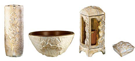 Henecka -Grabschmuck Sonderedition- Grablampe; Grabvase; Grabschale; Weihwasserbecken -Filipendula- weiß-Gold pat. als Set oder einzeln; inklusive Friedhofsbürste (Grabschale)