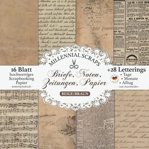 Briefe, Noten, Zeitungen, Papier BEIGE/BRAUN: Scrapbooking Papier & Zubehör I 16 Blatt 8,5 x 8,5 Zoll I Letterings zum Ausschneiden I Junk Journal ... für Journaling Liebhaber & Bastelfreunde