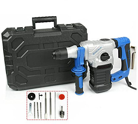Professional Marteau perforateur, Perceuse Percussion (SDS Max, 1500W avec Guide de Profondeur, 2 Burins, 3 Forets, Poignée Supplémentaire, Graisse, Housse anti-poussière, clé, Mallette de rangement)