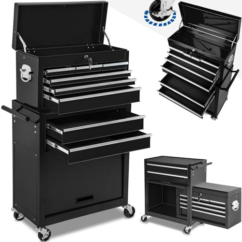 tectake® Tool Cart and Chest Set, 10 Compartments, incl. 8 Drawers and 2 Open Boxes. Mobile Trolley with Ball Bearing Slides, Non-Slip Mats, Wheel Brakes and Lockable Case. Powder Coated Steel - Black