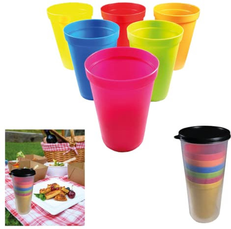 6 PZ Bicchieri in Plastica Colorata Riutilizzabili, Tazze da Campeggio Impilabili, per Bambini e Adulti, Bevande Eventi Picnic