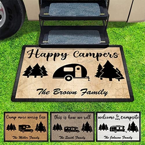 Personalized Happy Campers Doormat - Custom Family Name and Rv Camping Door Mat, Accessories for Inside Outside, Campsite Decor Travel Trailers, Decorative Gift Welcome Motorhome Rugs, 16 x 24 inches