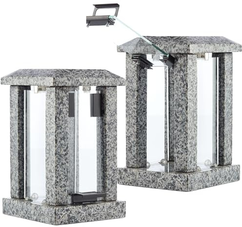 Large Granite Candle Lantern – H 22.6 (32cm) Highly Polished Grey Stone - Heavy & Elegant Indoor or Outdoor Square Lantern, Versatile Use for Garden, Terrace, or Home - Modern Design