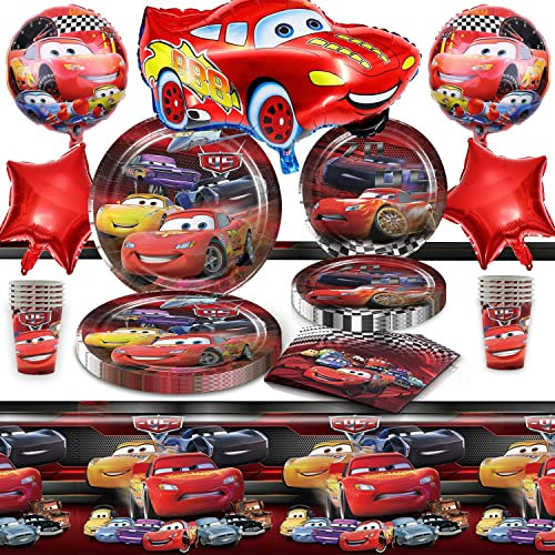 Newtic 56PCS kit cumpleaños Cars, Decoración cumpleaños Cars, vajilla Cars cumpleaños, globos Cars, Incluye Platos, Vasos, servilletas, Mantel, para 10 niñas y niños