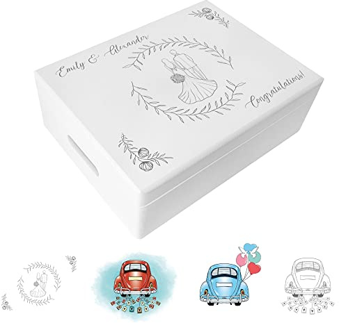 Creative Deco Personalised Wedding Gift | Any Text Gifts for Bride | and Groom | Unique Wish Custom Gift Box also for Anniversaries | White Customised Wooden Storage Box | Keepsake / Decoration