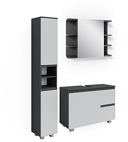 Vicco Badmöbel-Set J-Shape, Badezimmerschrank-Set, Weiß/Anthrazit, 3 Teile, mit Hochschrank