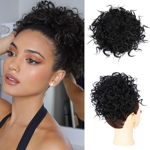 PORSMEER Haarteil Dutt Haar Bun mit Elastischer Kordelzug Kurz Locken Welle Pferdeschwanz Haarteil Kunsthaar wie Echthaar Updo Haarverlängerung zopf für Frauen Tägliche,Natürliches Schwarz