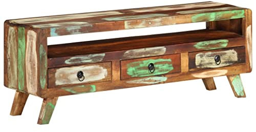 Retro Stil Lowboard TV Möbel Tisch TV-Ständer TV Schrank TV-Board TV-Bank mit 3 Schubladen und 1 Ablage, Fernsehtisch Fernsehschrank für Wohnzimmer & Schlafzimmer, 110x30x40 cm Altholz Massiv