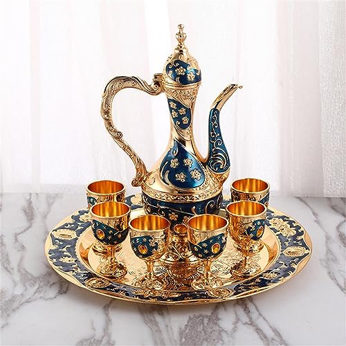 HJDSUDU Arabisches Tee-Set, Vintage-türkisches Kaffee-Set mit Teekannen-Tablett und 6 Tassen, Basteldekorationen, Flagon-Set, türkisches Tassen-Set, türkische Teekanne,Blau