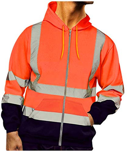 Herren Sicherheitsjacke mit reflektierenden Streifen, Warnschutzjacke mit Kapuze, Stehkragen, Innenfutter Fleece, Pulli Berufsjacke Warnjacke Langarm Sweatjacke Orange XL