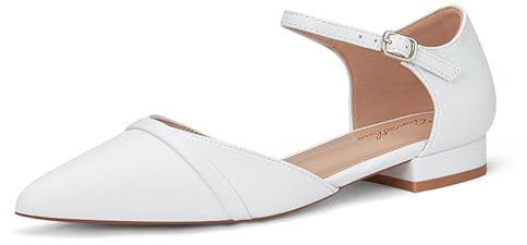 GENSHUO Scarpe Basse da Donna con Cinturino alla Caviglia, Punta Elegante a Punta, Scarpe Basse da Lavoro, Bianco, 38.5 EU