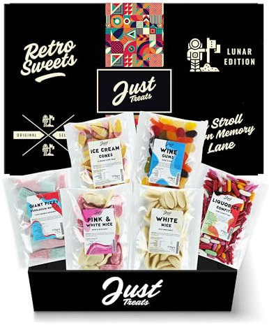 Just Treats Lunar Sweet Six Choc Hamper - Giant Fizzy Bubblegum Bottles, Ice Cream Cones, Lion Wine Gums, Liquorice Comfits, Pink and White Mice and White Mice (14,15,21,22,23,31)