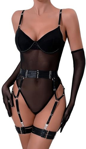 Mingnos Sexy Dessous Damen Für Sex Netz Bodys Unterwäsche Festival Rave Outfit Strapsen Reizwäsche Bügel BH und Strumpfband mit Handschuhen 3Teilig Schwarz, L