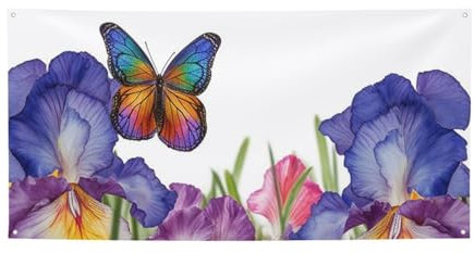Banner Party Dekor Flagge Iris Blume Schmetterling Fotografie Hintergrund Banner Schilder mit hängenden Seilen Hintergrund Banner für Wandschilder Party Dekor Flagge Foto Requisiten 119,9 x 61 cm