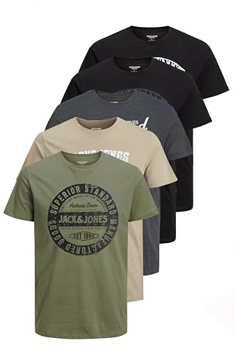 JACK & JONES Herren JJECORP Logo Tee SS Crew Neck 5er Pack Kurzarm T-Shirt, Pack E, DustyOlive/2xBlack/DGM/Crockery, XXXL