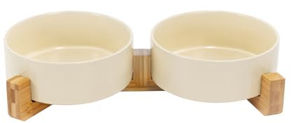 SPUNKYJUNKY Gamelle Double en céramique avec Support en Bambou pour Chiens de Grande Taille (1800 ML, Blanc Cassé x 2)