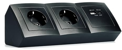 Bloc multiprises encastrable MC POWER | Flair | Prise d'angle 2 prises + USB-C/A, câble de 15 cm avec pince de raccordement, 230 V / 16 A, montage, noir mat