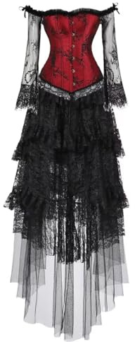 jutrisujo Corset Top Skirt Set Dress Bustier Lace Long Sleeves Floral Plus Size Costume Women