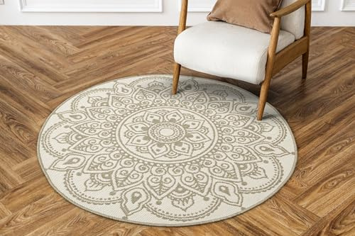 AKCILA Brussels Rund, Doppelseitig, Beige, Creme, Schnur, Rosette, modernes Muster Outdoor Teppich 200 cm, Balkon Carpet,Tepich für Terrasse, Teppiche aussenbereich wetterfest