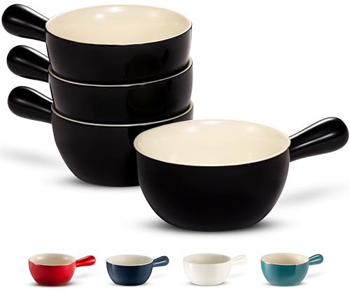Kook French Onion Soup Crocks, Stackable Ceramic Bowls with Handles, Oven, Microwave and Dishwasher Safe, for Cereal, Soups, Casseroles, with Handle, Stoneware, 24 oz, Set of 4, Black
