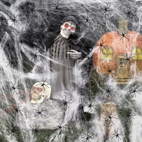 Spinnennetz Halloween Deko, 300g Halloween Spinnennetz mit 80 Plastik Spinnen,1500 sq.ft Spinnweben Deko für Outdoor Indoor Garten,Esstisch,Tür,Decke,Fenster, Party Horror Deko