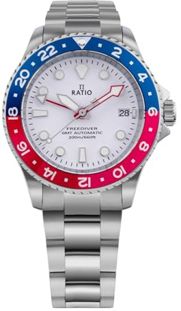 Ratio FreeDiver Taucheruhr, Saphirglas, GMT, drehbare Lünette, automatische Taucheruhr, 200 m, wasserdicht, Taucheruhr für Herren, blau/rot, Taucher