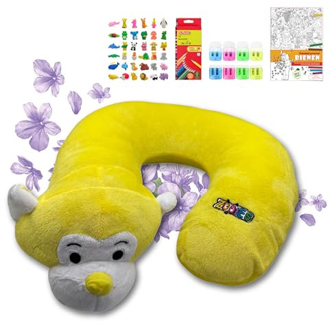 ZOOIES® Kinder Nackenkissen Set | Momo Lavendel-Reisekissen in Tierform | Nackenhörnchen für Auto & Flugzeug | Mit Lavendelduft | Mandalaheft, Buntstifte & Radiergummi | Perfekt für unterwegs