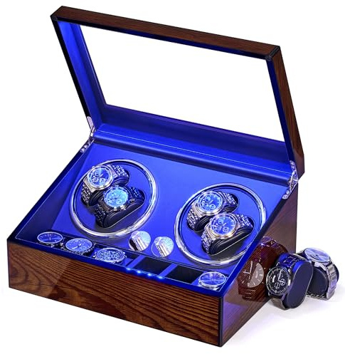 BEWISHOME Uhrenbeweger für Automatikuhren Automatische Uhrenbeweger Box | Uhrenbeweger mit LED-Licht, 4 Uhrenbeweger mit leisem Motor und 6 Aufbewahrungskoffer für Herrenuhren, Braun SYQ01Y