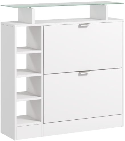 HOMCOM Zapatero Moderno con Cajones Abatibles 12 Pares 89x25x92 cm Blanco | Zapatero Recibidor Estrecho, Estantes Ajustables, Estantes Abiertos, para Pasillo, Recibidores de Entrada