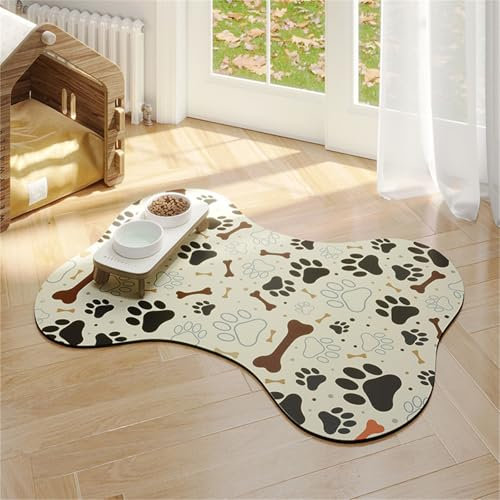 Hearda Tapis de Nourriture pour Chien, Forme Os Tapis sous Les Gamelles de Nourriture pour Chien Absorbant Tapis Nourriture Animaux Antidérapant Séchage Rapide (50x70cm,Beige)
