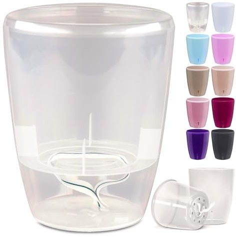 Happy Plants Orchideentopf D 12,5 cm Blumenkübel mit integriertem Wasserstandsanzeiger, selbstbewässernder Blumentopf mit Docht, Selbstbewässerungssystem für Orchideen - Transparent 1,3 Liter