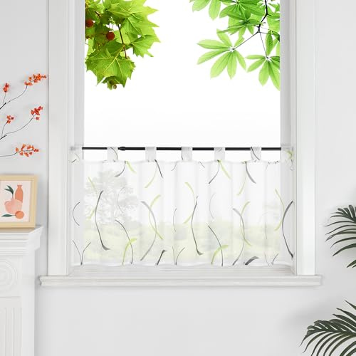 HeichkelL Voile Scheibengardine Transparente Gardine Bistrogardine mit Wellen Modern Kurzstores Scheibenvorhang mit Schlaufen Grün HxB 45x120 cm