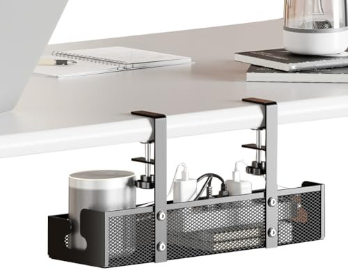 Cable Management Under Desk No Drill, Upgraded Long Arm Clamp Cable Tray, Inward Or Outward, Cable Tray Under Desk, Under Desk Cable Management Tray, Keep Under Desk Cable Tidy