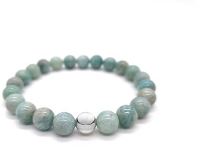 Nahle | Naturstein mit 925 Silberperle Armband | Naturstein Stretch- Armband | handgemachtes Perlenarmband | mit edler Schmuckschachtel (Amazonit, 18cm)