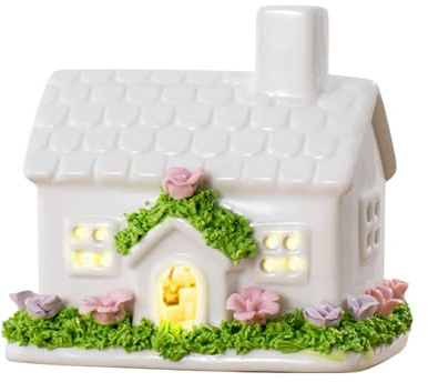 DZAY Frühjahrs Dekorationen Keramische Lichthaus Teelichthaus mit Blumen,Keramik Deko Frühling Lichthaus Grachtenhaus Lichthäuser Keramik Lichthaus Weiss Deko Häuschen Elfhaus Osterndeko Figuren (01)