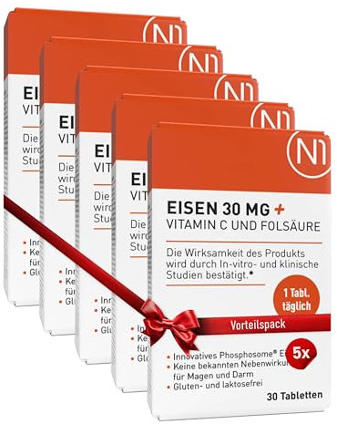 N1 Eisen 30 mg + Vitamin C & Folsäure - 150 Eisentabletten - 98% bioverfügbares Eisenpräparat - hochdosiert für Immunsystem, Energiestoffwechsel & bei Eisenmangel - gut verträglich,ohne Nebenwirkungen