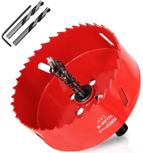 KACNON Sega a tazza bimetallica, 95 mm, universale, HSS M42, con codolo esagonale e trapano, dimensioni complete, taglio preciso e veloce, per legno, plastica, cartongesso, lamiera, rosso