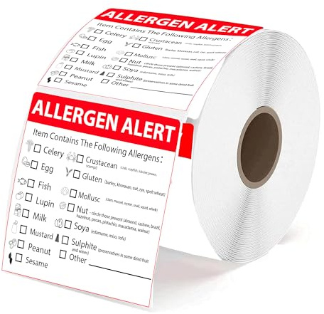 Lot de 500 étiquettes d'avertissement anti-allergènes amovibles pour emballage, vente au détail et restaurants 5,1 cm