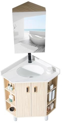 LYXWGRZD Lavabo Sobre Encimera, Lavabo de CeráMica, Sobre Encimera Lavabo con Gabinete de Espejo, Lavabo Suspendido, Lavabo de Baño con Contenedor de Almacenamiento(Natural B)