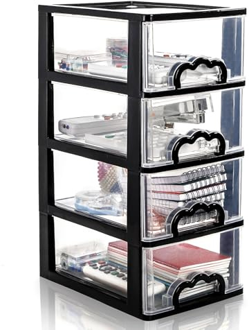 Cididu Desktop Organizer with 4 Drawers, Clear Plastic Storage Drawer Unit, Small Desk Organizer Storage Box, Durable Storage Bin Container Case for Countertop Stationery Pens Makeup Office Supplies