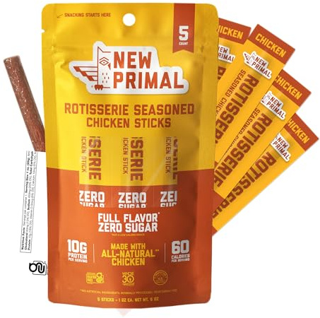 New Primal Rotisserie Chicken Sticks, Zero Sugar High Protein Snack, Gluten Free Whole30 Healthy Snacks, Keto and Paleo Friendly, Jerky Meat Stick, 10g Protein, 5 Count