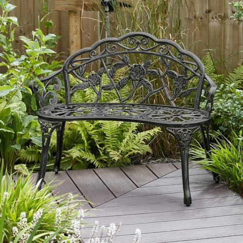 Home Source Rose Garden Bench 2 Seater (Black) – Cast Iron, Victorian Floral Design | 100W x 59D x 80H cm | Outdoor Patio Bench