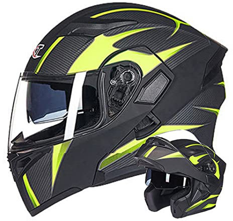 Motorrad Modular Helm Integralhelm mit Doppel-Anti-Fog-Linse Klapphelm Moped Roller Motorrad helme für Herren & Damen (Schwarz-gelbe Kohlefaserstruktur) (58~60cm L)