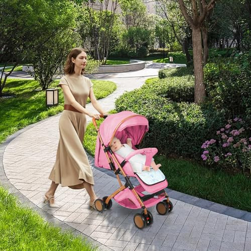 Poussette canne, Poussette, Poussette inclinable, Poussette avec filet en coton, 4 roues, peut s'asseoir, landau à 4 roues, avec moustiquaire - 45 * 71 * 98cm - rose