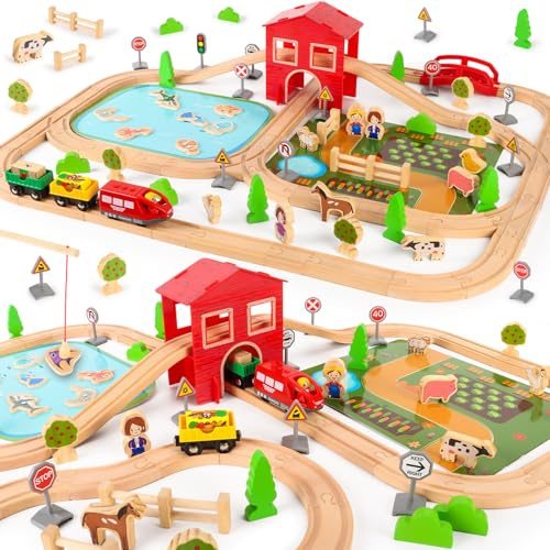 LumenVela Eisenbahn Holz Set, 100 Stück Holzeisenbahn Schienen Bauernhof Thema holzschienen Eisenbahn mit Kleiner Zug, Teich, kleine Tiere für Jungen und Mädchen von 3+ Jahren