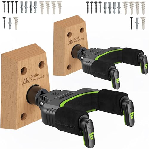 AA AUDIO ACCESSORY Support Guitare Mural (Lot de 2) Verrouillage Auto, Crochet Velours Nitro, Design Robuste, Base Bois 4 Vis, Charge Max 9 kg, Pour Basse, Acoustique, Classique Guitare Électrique