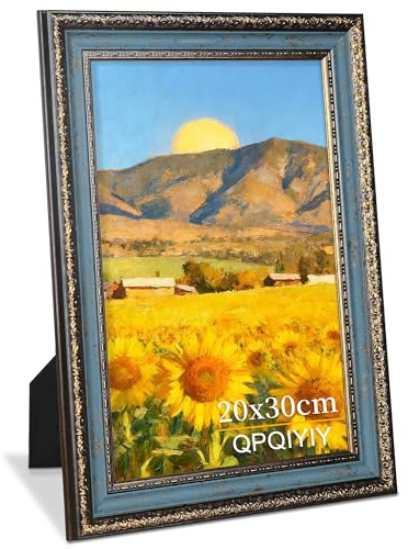 Bilderrahmen 20x30 Blau Vintage Rahmen, Blau-Gold Fotorahmen im Barockstil | Blau Rahmen 20x30 aus Kunststoff mit bruchsicherer Acrylscheibe – zum Aufstellen oder Aufhängen, ideal als Geschenk.