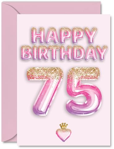 75th Birthday Cards for Women and Men, Pink & Purple Glitter Balloons | Happy Birthday Card for 75 Year Old Man Woman Sister Grandad Nan Nanny, A5 Bday Greeting Cards