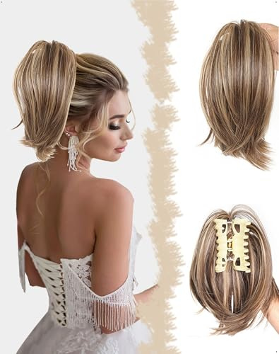 SanKristo 22 cm Cola de Caballo coleta postiza pinza pelo Garra, lisa recta Coleteros extensiones cortas lisas moños despeinados gruesas naturales sintéticas Accesorios Postizos mujeres rubio marrón